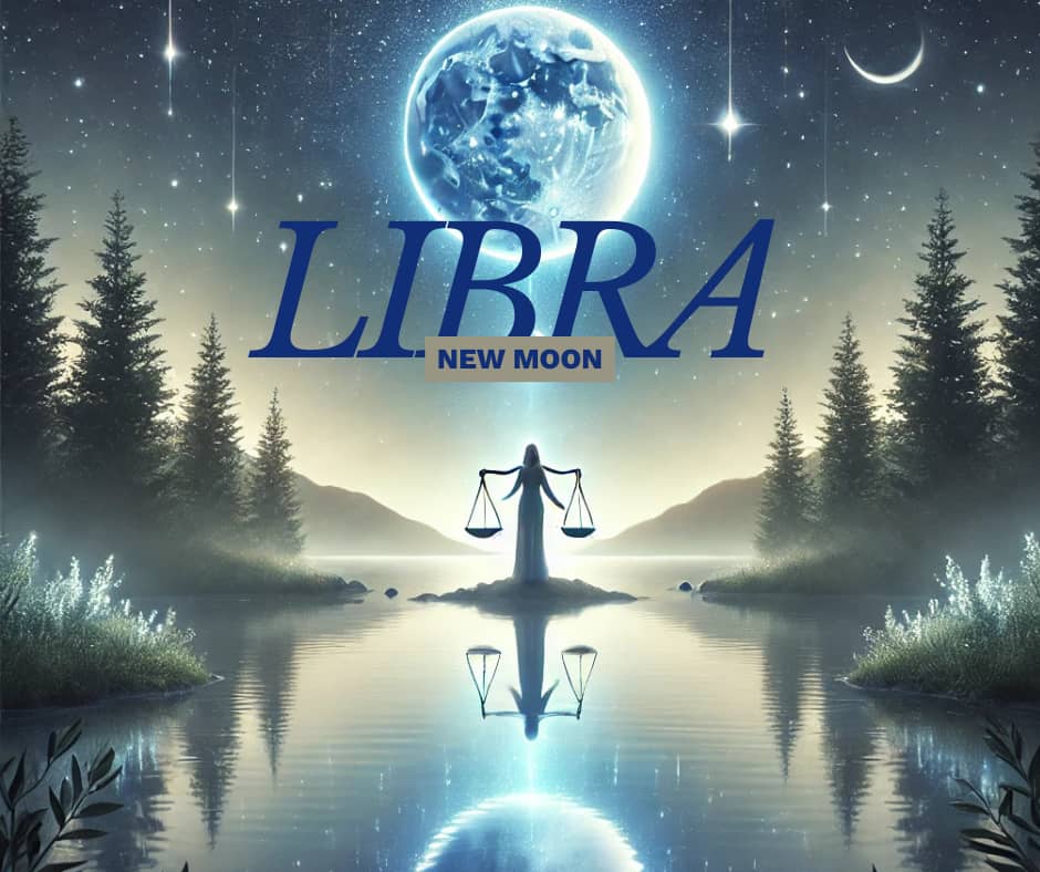 A serene celestial illustration of the Libra New Moon shows a woman in a flowing gown standing on a reflective lake, holding a pair of scales symbolizing balance. Above her, a luminous full moon glows against a starry night sky with twinkling constellatio