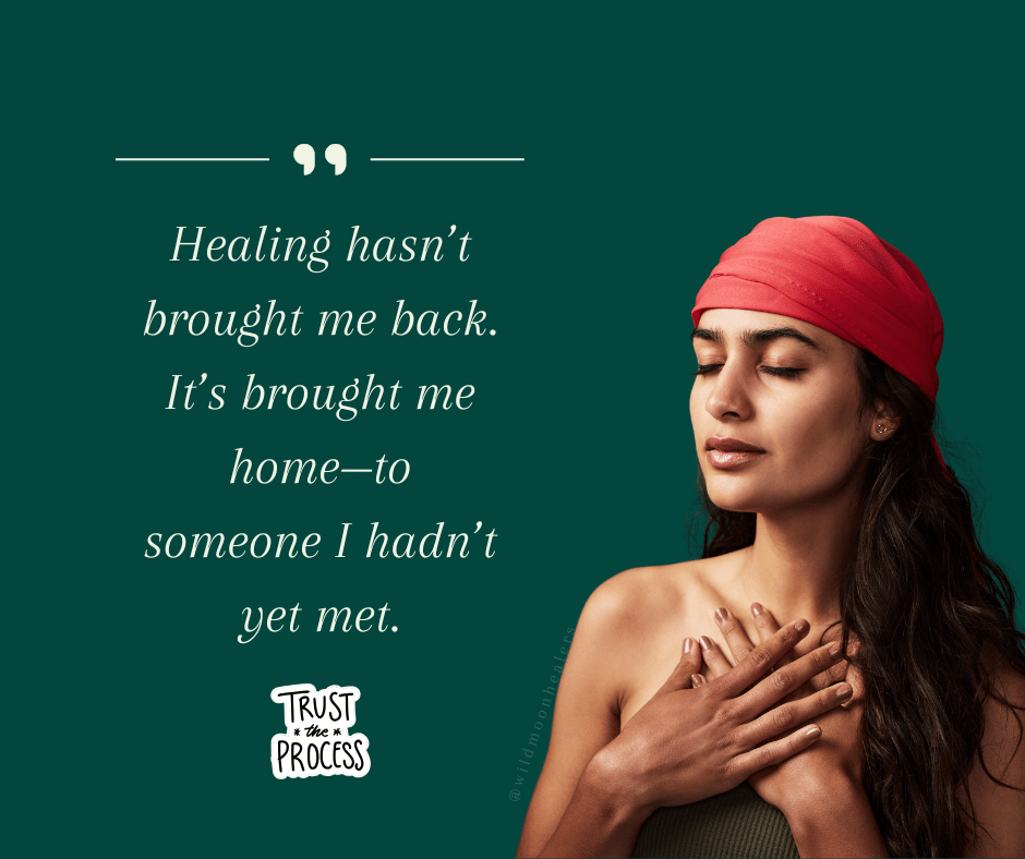 A serene woman with long dark hair and a red headscarf stands against a deep green background, eyes closed and hands resting gently over her heart. She appears peaceful and reflective. Beside her is a quote in soft white text: “Healing hasn’t brought me b