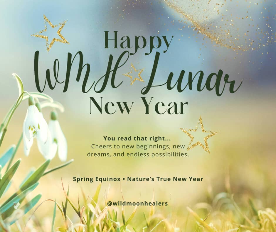 Snowdrop flowers emerging in early spring with the words “Happy Lunar New Year,” symbolizing the Spring Equinox and nature’s true new beginning.