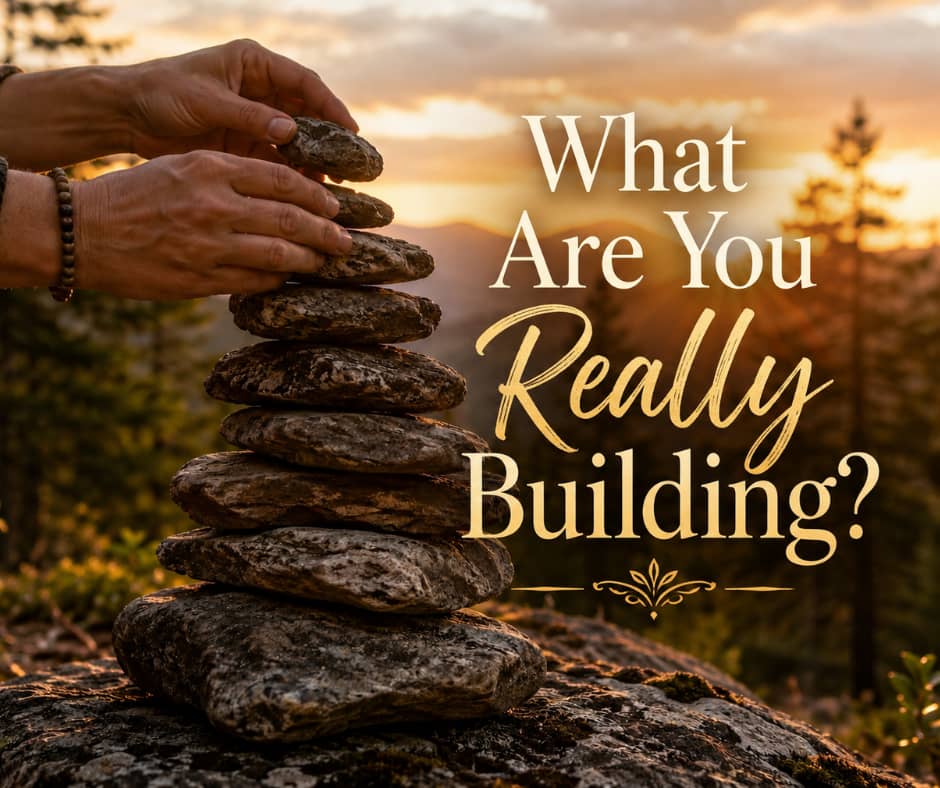 Hands carefully stacking flat stones into a balanced cairn on a rocky overlook at sunset, with evergreen trees in the background. Overlay text reads: "What Are You Really Building?" in elegant serif and script fonts. The image symbolizes intentional growt