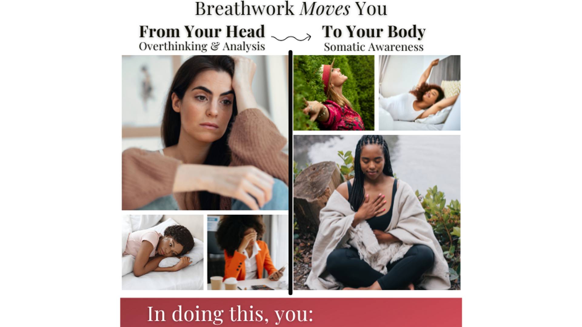 Text: Why Breathwork Heals. The science behind the shift. Breathwork Moves You. From Your Head. To Your Body. Images of women overthinking, sad. And, images of woman happy, balanced. 