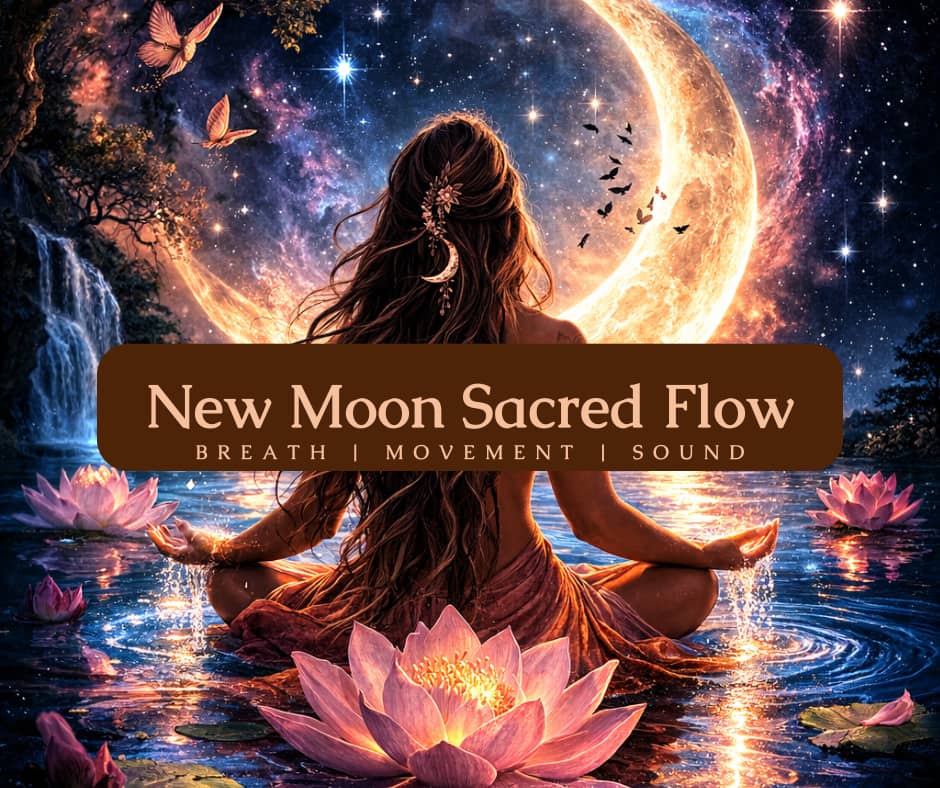A woman sits in meditation in glowing water beneath a large crescent moon, surrounded by lotus flowers, butterflies, and a star-filled sky. The scene is mystical and serene, representing flow, emotional healing, and new beginnings. Text overlay reads “New