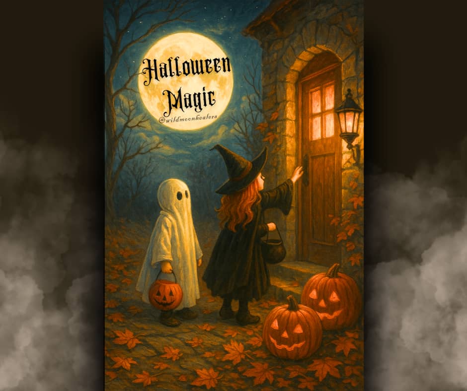 A nostalgic Halloween night scene beneath a glowing full moon. A young girl with red hair, dressed as a witch, stands at a stone doorstep reaching to knock, while a small boy beside her wears a ghost costume with a jack-o’-lantern candy bucket. Three carv