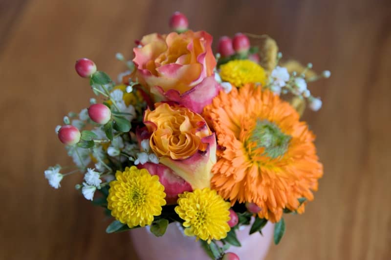 A colorful bouquet of fresh, bright flowers.