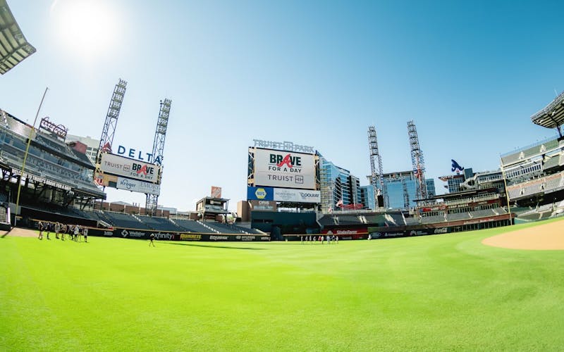 A view of a baseball stadium from the outfield