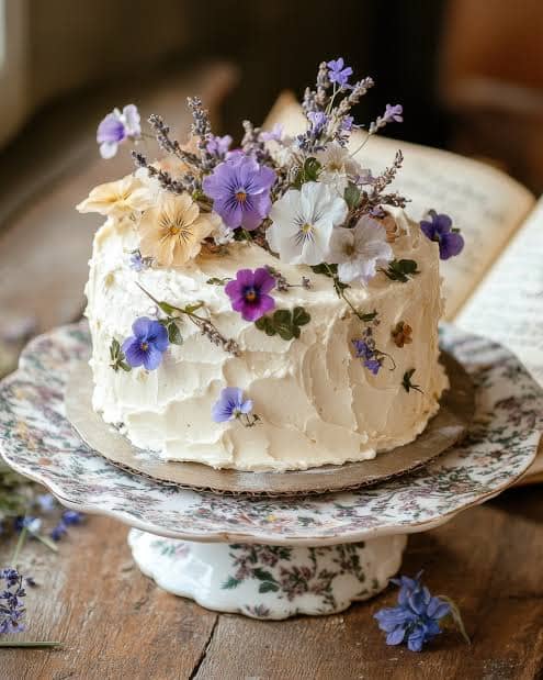 A white frosted cake with real purple flowers on top