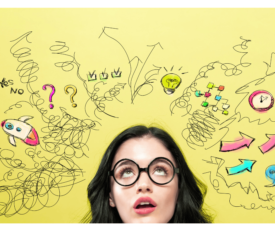 A woman wearing glasses with dozens of scattered thoughts drawn above her head.