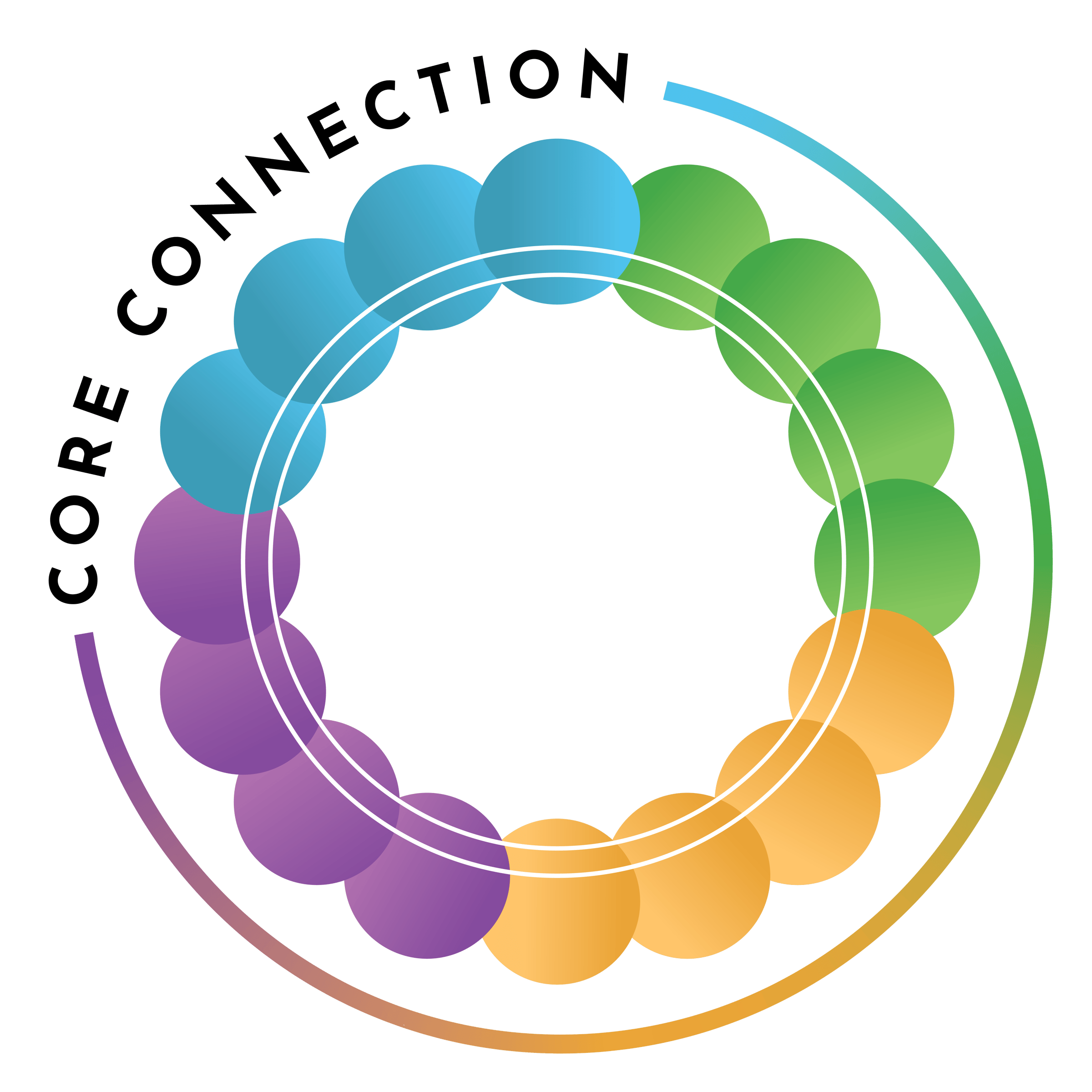 Core Connection's Logo: 16 small colorful spheres creating a bigger circle