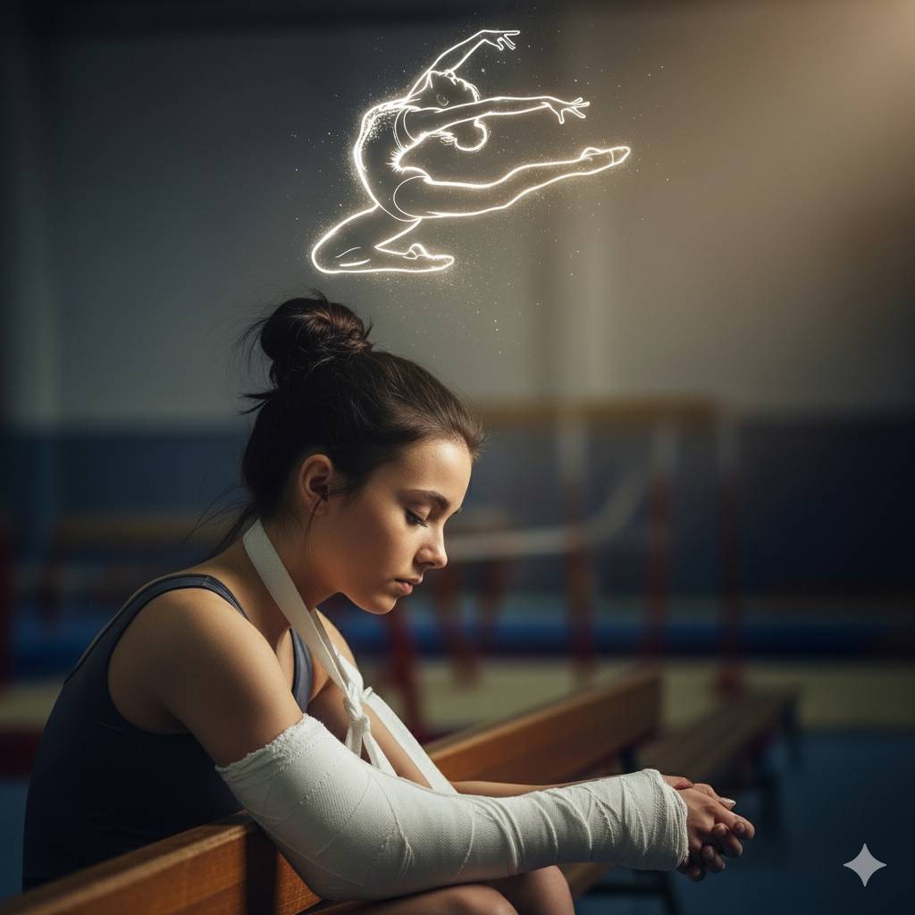 A young gymnast with a cast on her right arm is sitting on the sidelines. Instead of looking defeated, her eyes are closed, and a faint, shimmering outline of her, in perfect form and mid-routine, is visible above her head.