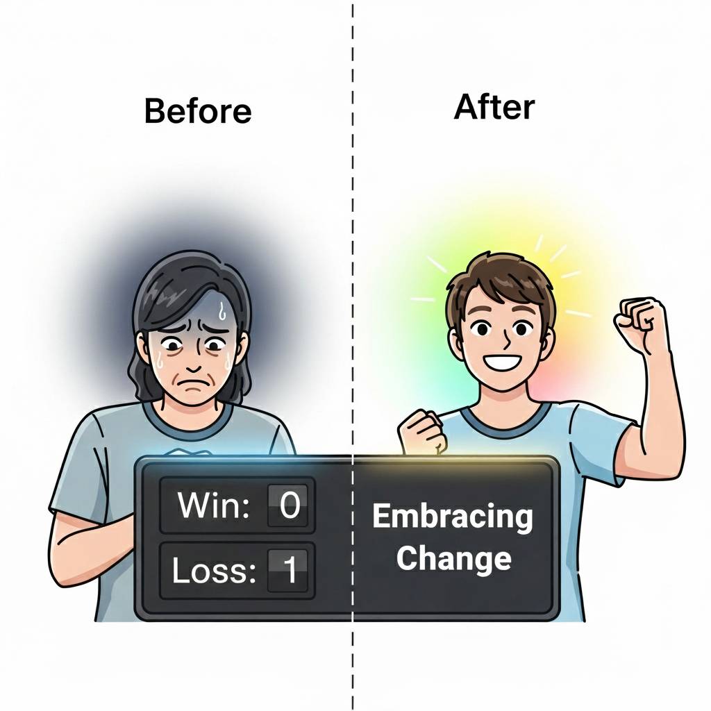 A sad athlete on the left concerned about wins versus losses compared to a happy athlete on the right embracing change.