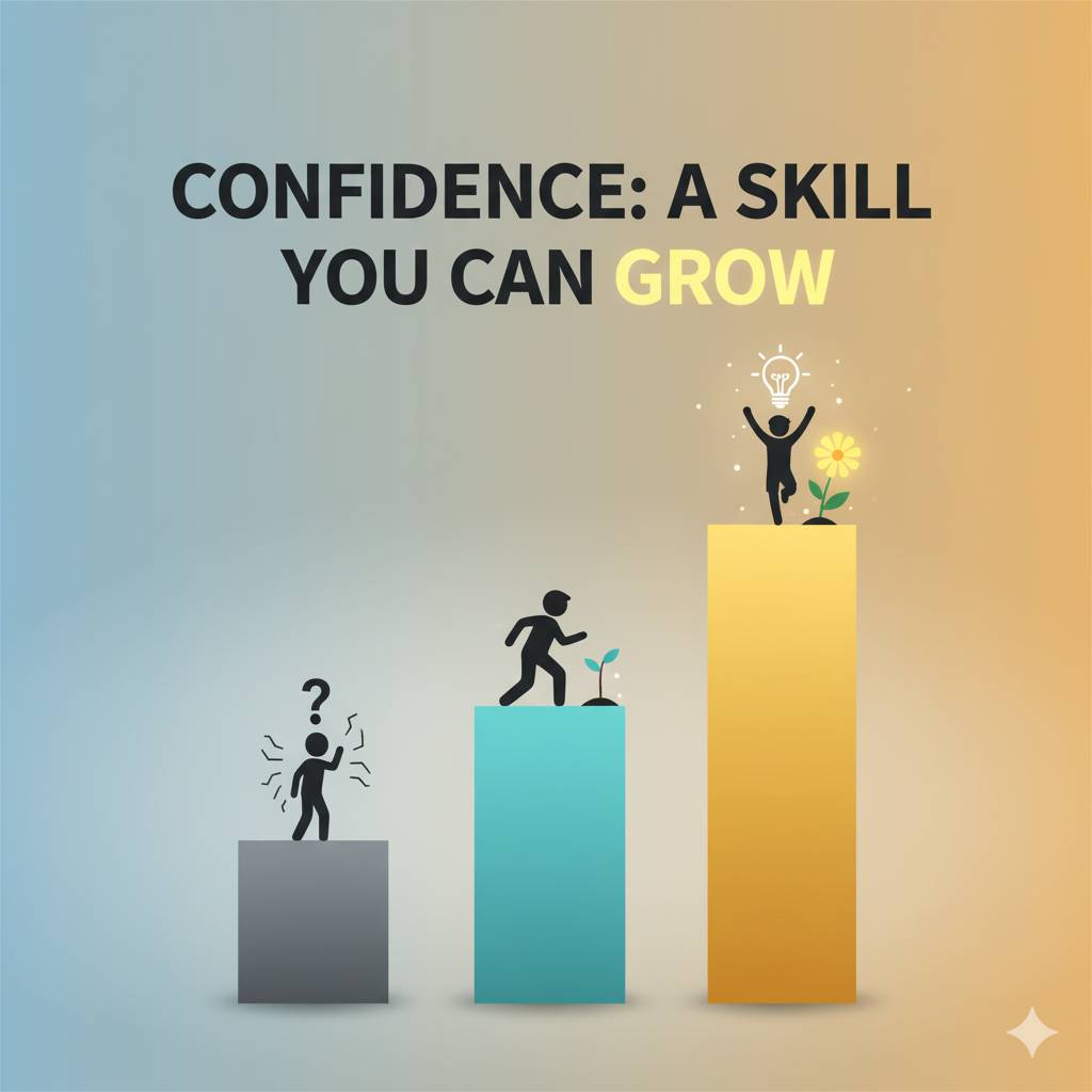 Writing that says, "Confidence: a skill you can grow" with a bar graph getting higher as it goes to the right and someone on top getting increasingly more confident.