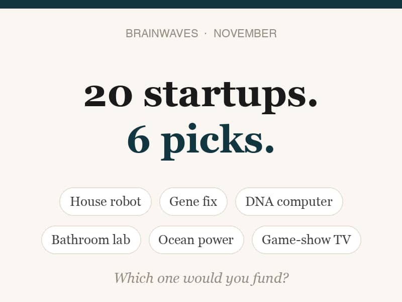 20 startups, 6 picks: a house robot, a gene fix, a DNA computer, a bathroom lab, ocean power and game-show TV.