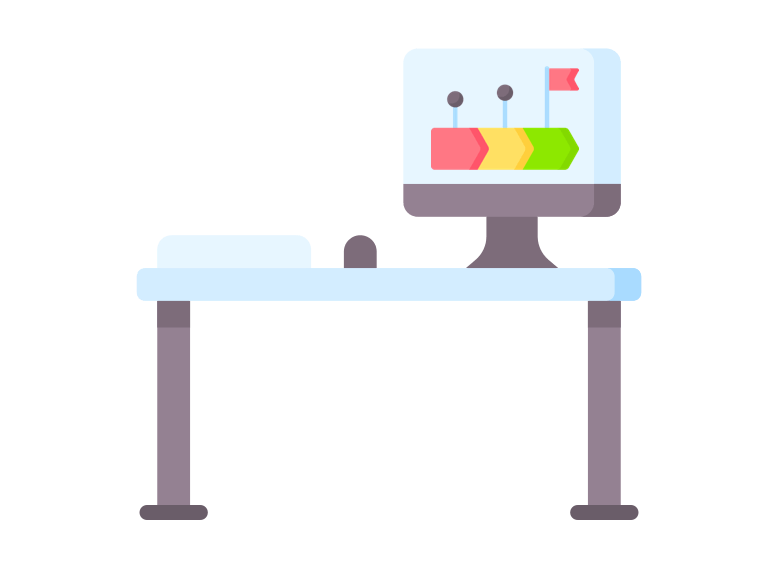Cartoon style icon of a desk with a monitor