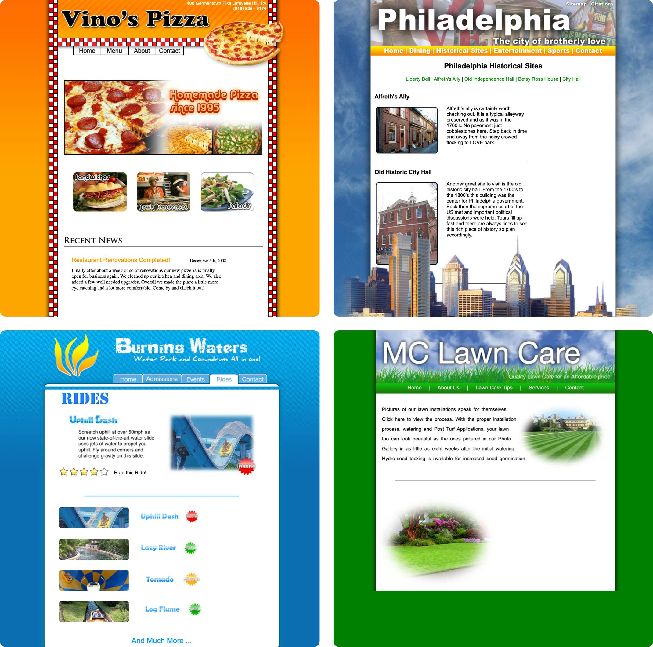 A photo with screengrabs of four websites. Clockwise from top left: An orange website for Vino's Pizza that features slices of pepperoni; a website about Philadelphia that includes the skyline at the bottom; a green page for MC Lawn Care; and a blue page for Burning Waters waterpark.