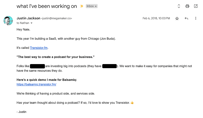 ✉️ I emailed Nathan on Feb 6, 2018 to share my new project: Transistor.