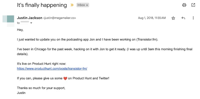 ✉️ I emailed my personal network on Aug 1, 2018 when we launched on Product Hunt