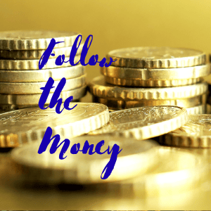 Follow the Money in blue letters over a pile of gold coins.