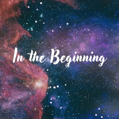 Stars against a black, purple, red background with the words In the Beginning in white