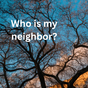 Dark blue sky with lower white clouds, mess of bare branches, and words Who is my neighbor? in white.