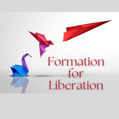 An origami Swan turns into a bird, and into a paper airplane. The Words Formation for Liberation.