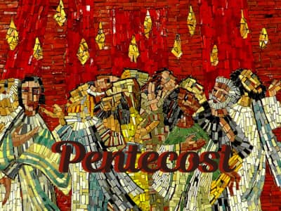Mosaic with Red and gold fire above people of many colors and the word Pentecost