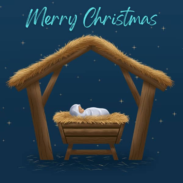 Child wrapped in white with wooden frame and dark blue background with stars and the words Merry Christmas