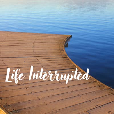 Blue water with brown curved dock that ends abruptly. The words Life Interrupted.