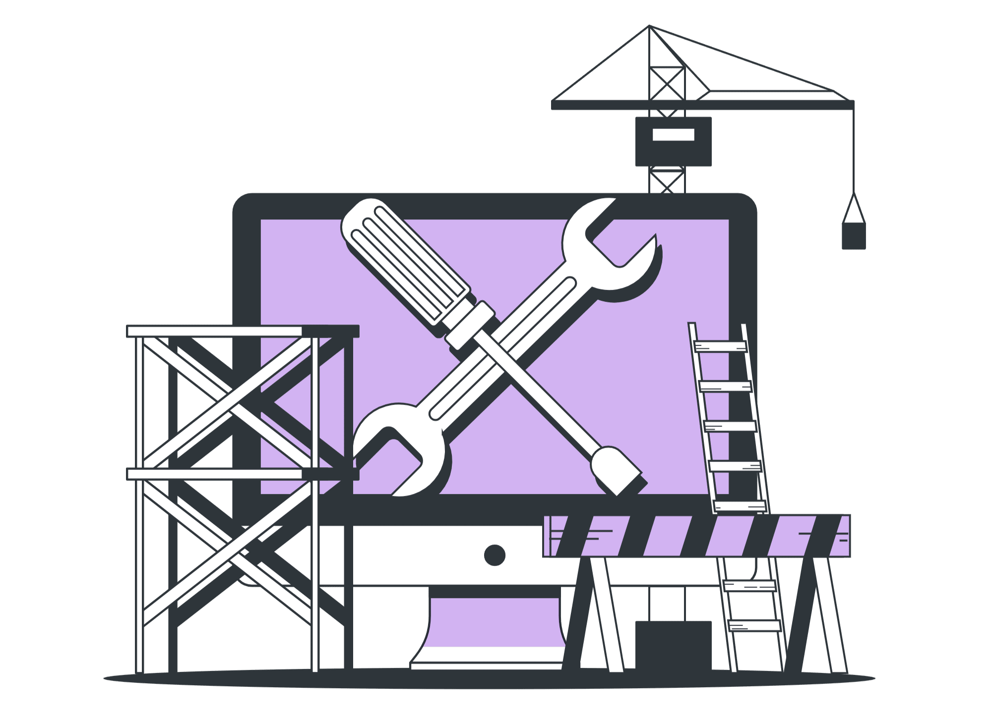 This is a computer under construction, with a screwdriver, wrench, and crane working on it.