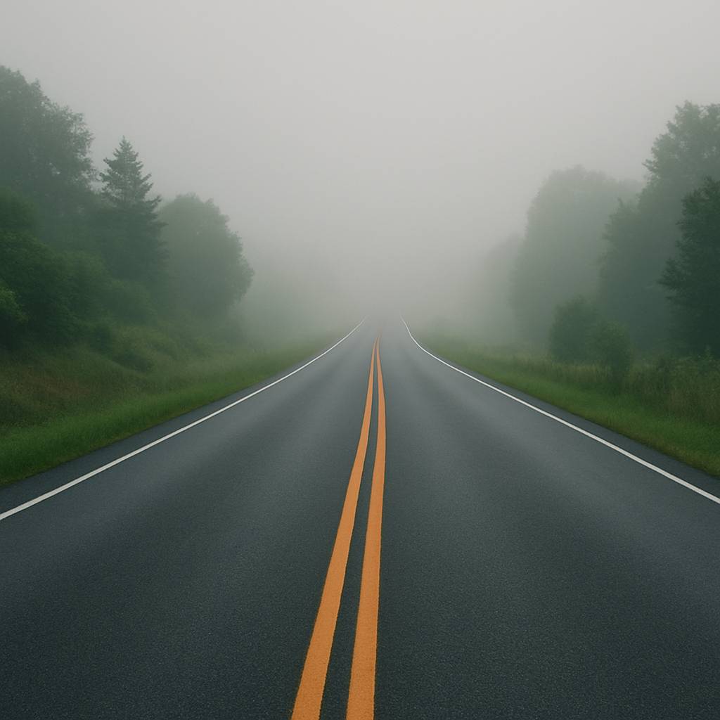 Highway through a forest with fog up ahead.