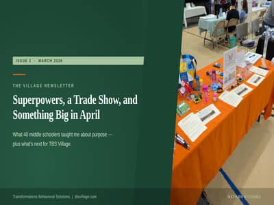 The Village Issue 2 cover — TBS Village booth at career fair with headline Superpowers, a Trade Show, and Something Big in April