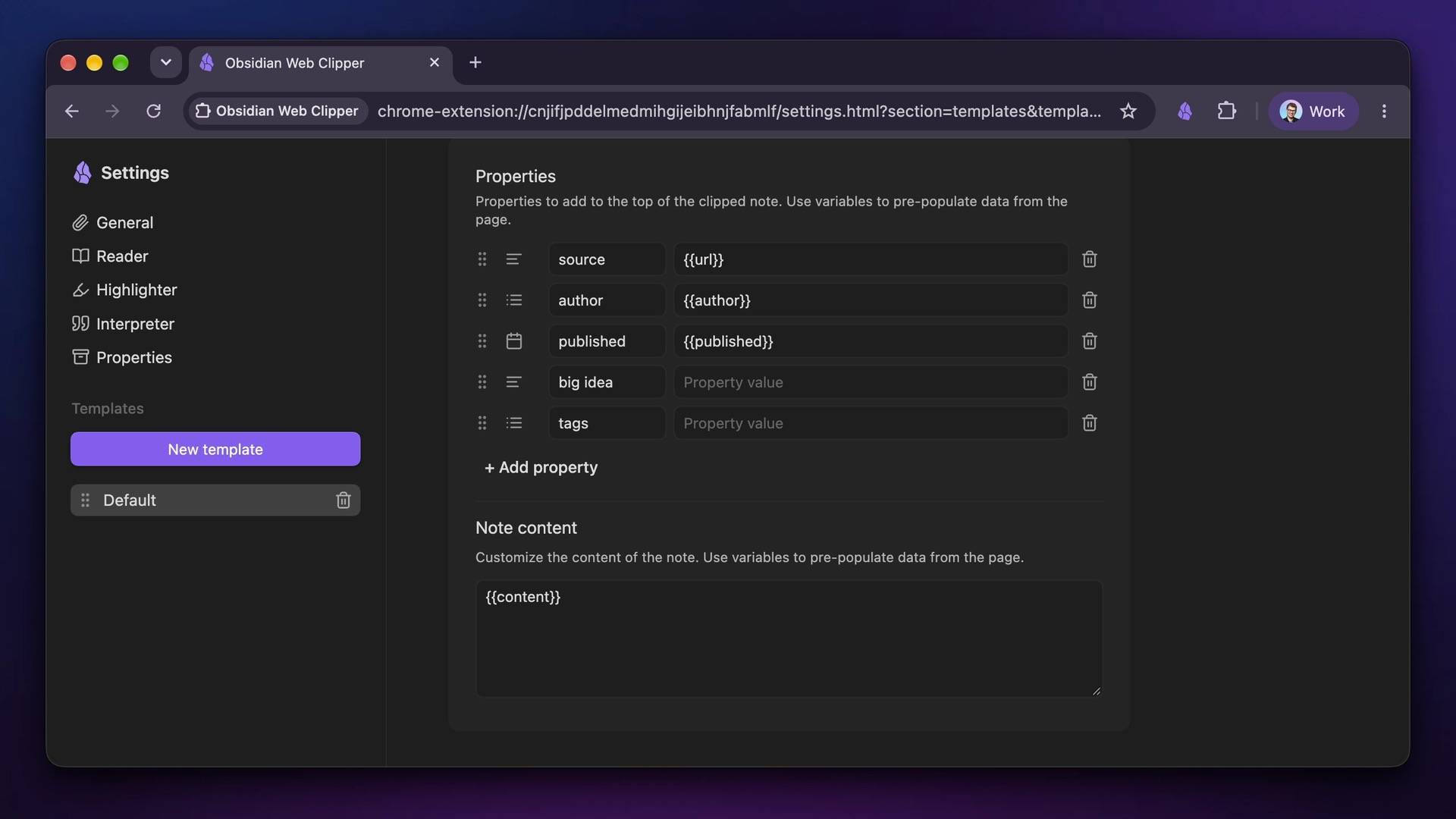 My recommended Web Clipper template settings.
