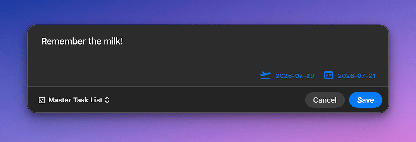 The Task quick capture screen with start and due dates.