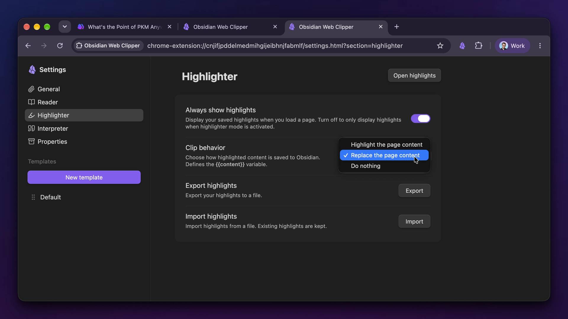 Make sure to change clip behavior to "Replace the page content"