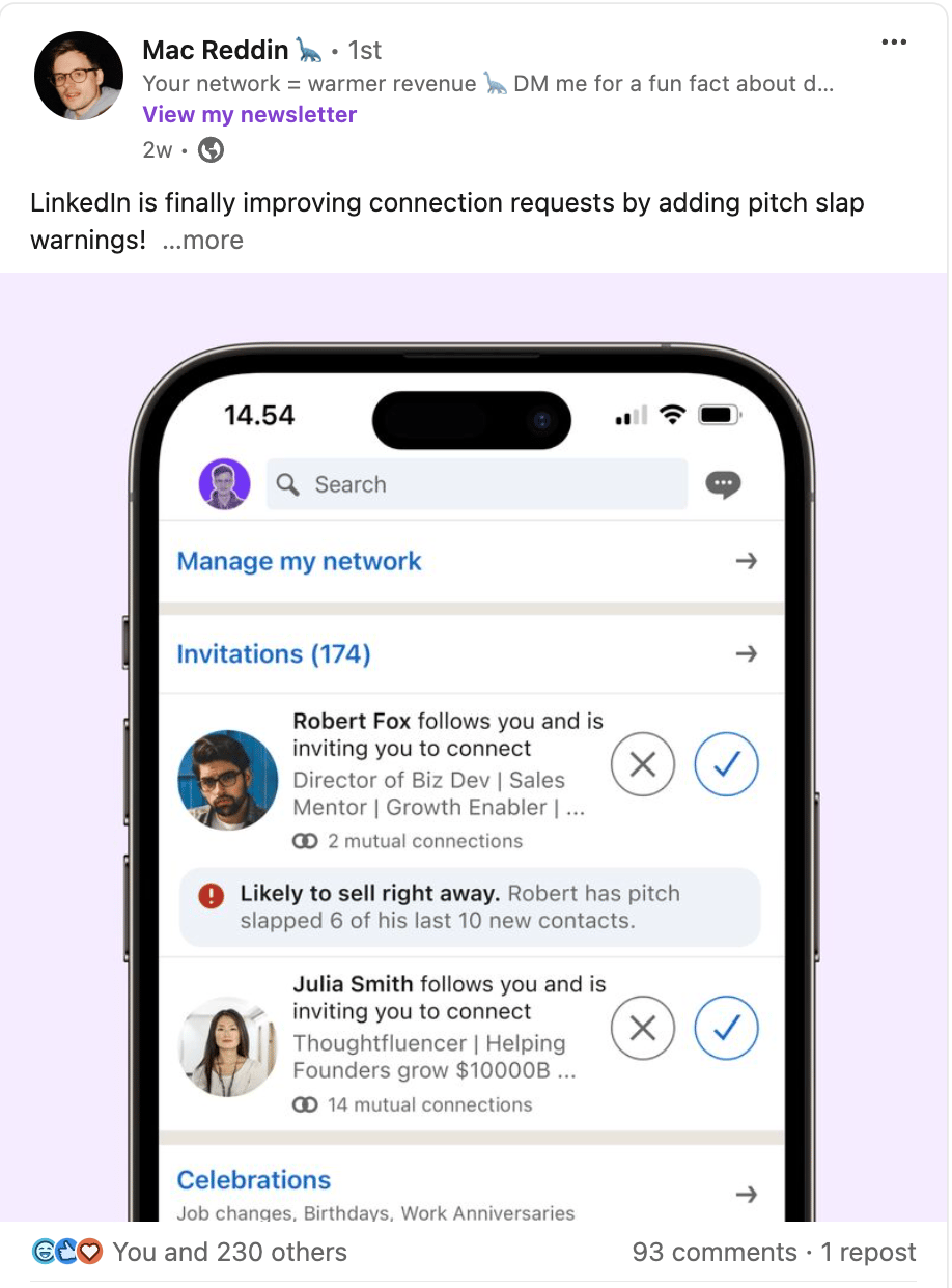A LinkedIn post by Mac Reddin with a mockup of LinkedIn’s connection requests screen. One invitation, from a user named Robert Fox, includes a warning that says, “Likely to sell right away. Robert has pitch slapped 6 of his last 10 new contacts.” The caption reads, “LinkedIn is finally improving connection requests by adding pitch slap warnings!”