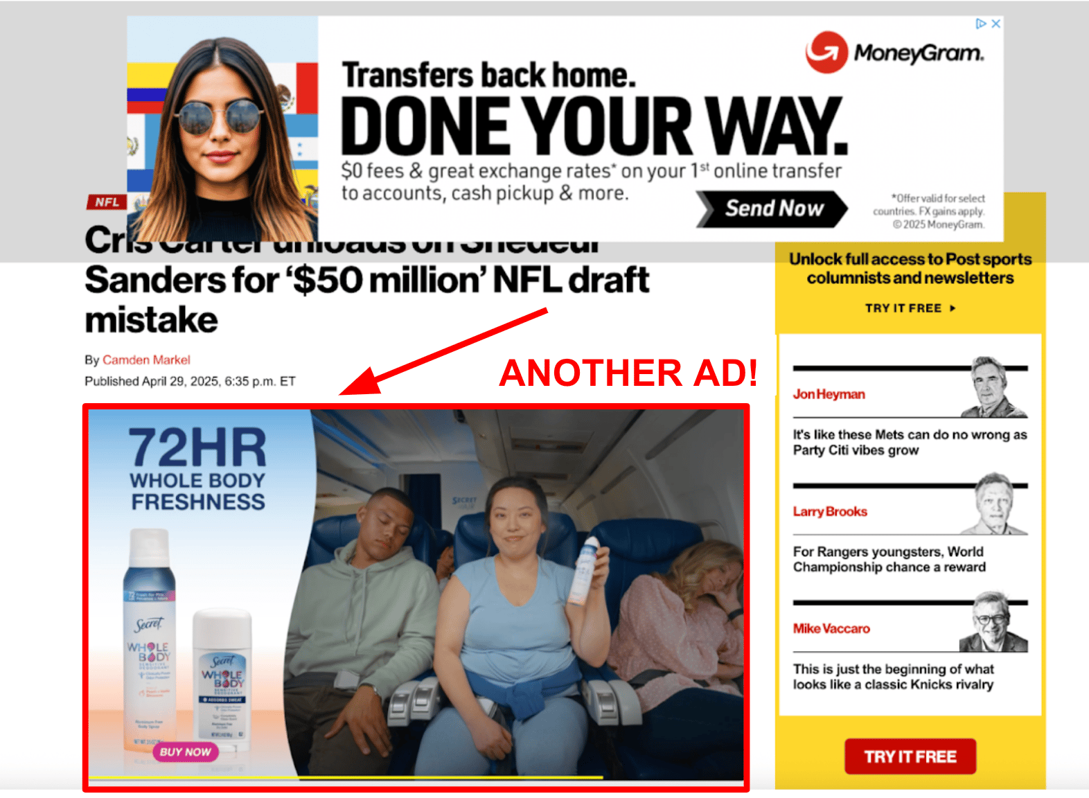 New York Post article with three overlapping ads: a MoneyGram banner ad at the top, a “72HR Whole Body Freshness” deodorant ad in the article body, and a yellow sidebar ad prompting readers to unlock full access to sports columnists by subscribing to Post Sports+.