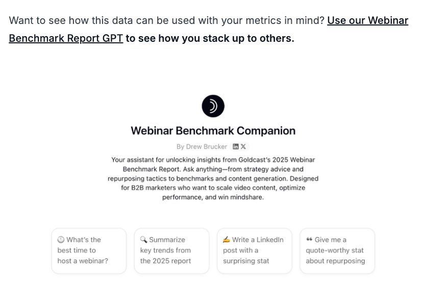 A screenshot showing the GPT profile for “Webinar Benchmark Companion” created by Drew Brucker. The description reads:  “Your assistant for unlocking insights from Goldcast’s 2025 Webinar Benchmark Report. Ask anything—from strategy advice and repurposing tactics to benchmarks and content generation. Designed for B2B marketers who want to scale video content, optimize performance, and win mindshare.”  Below the description, four prompt buttons are displayed: 	1.	“🕒 What’s the best time to host a webinar?” 	2.	“🔍 Summarize key trends from the 2025 report” 	3.	“✍️ Write a LinkedIn post with a surprising stat” 	4.	“🗣️ Give me a quote-worthy stat about repurposing”