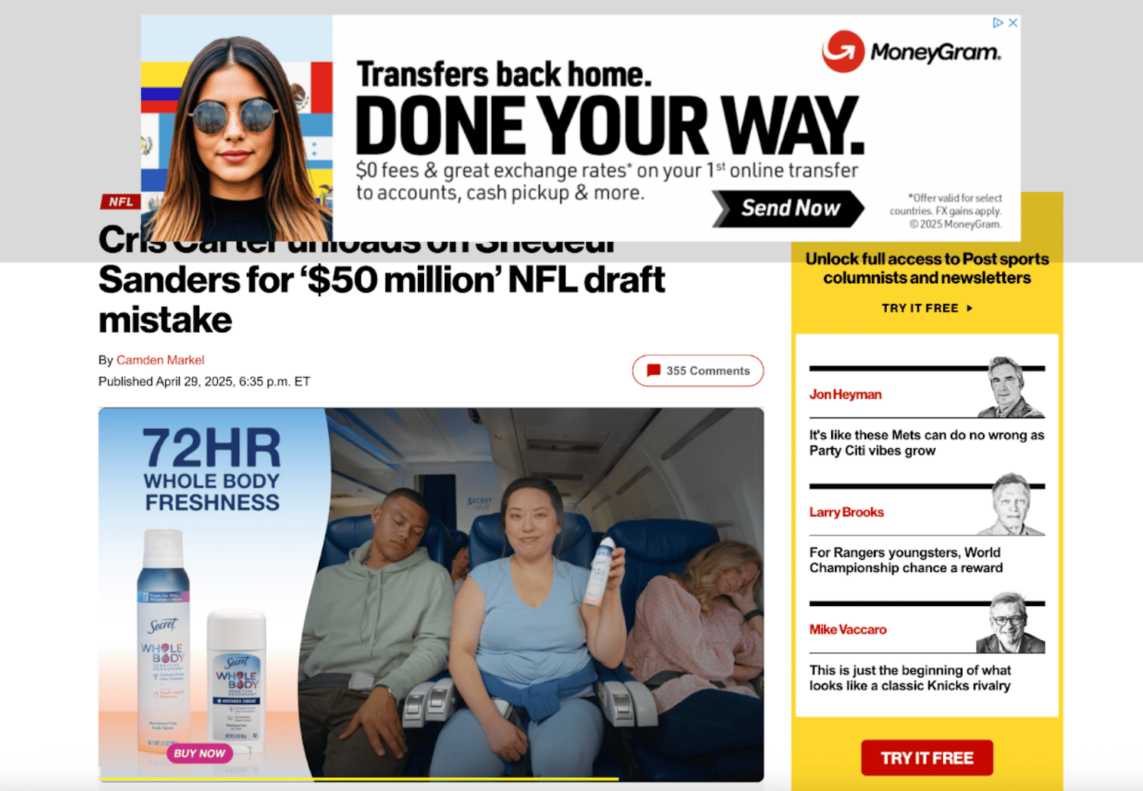 New York Post article dominated by ads: large MoneyGram banner at the top and a “72HR Whole Body Freshness” ad in the main content area. Article headline about Shedeur Sanders is partially visible.