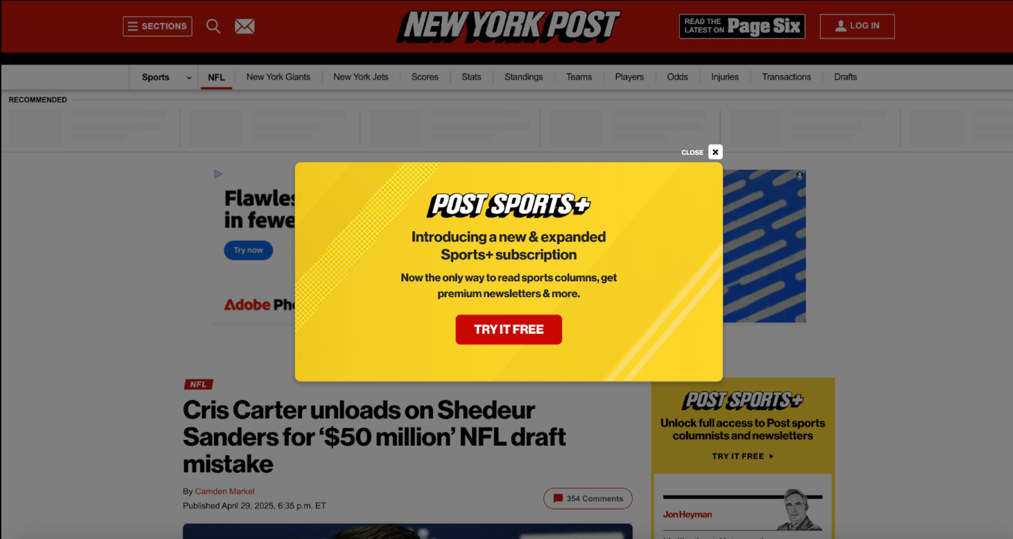 Pop-up ad on the New York Post website promoting “Post Sports+” subscription. The large yellow box blocks the article content and says, “Now the only way to read sports columns, get premium newsletters & more.” A red “Try it free” button is centered at the bottom of the ad.