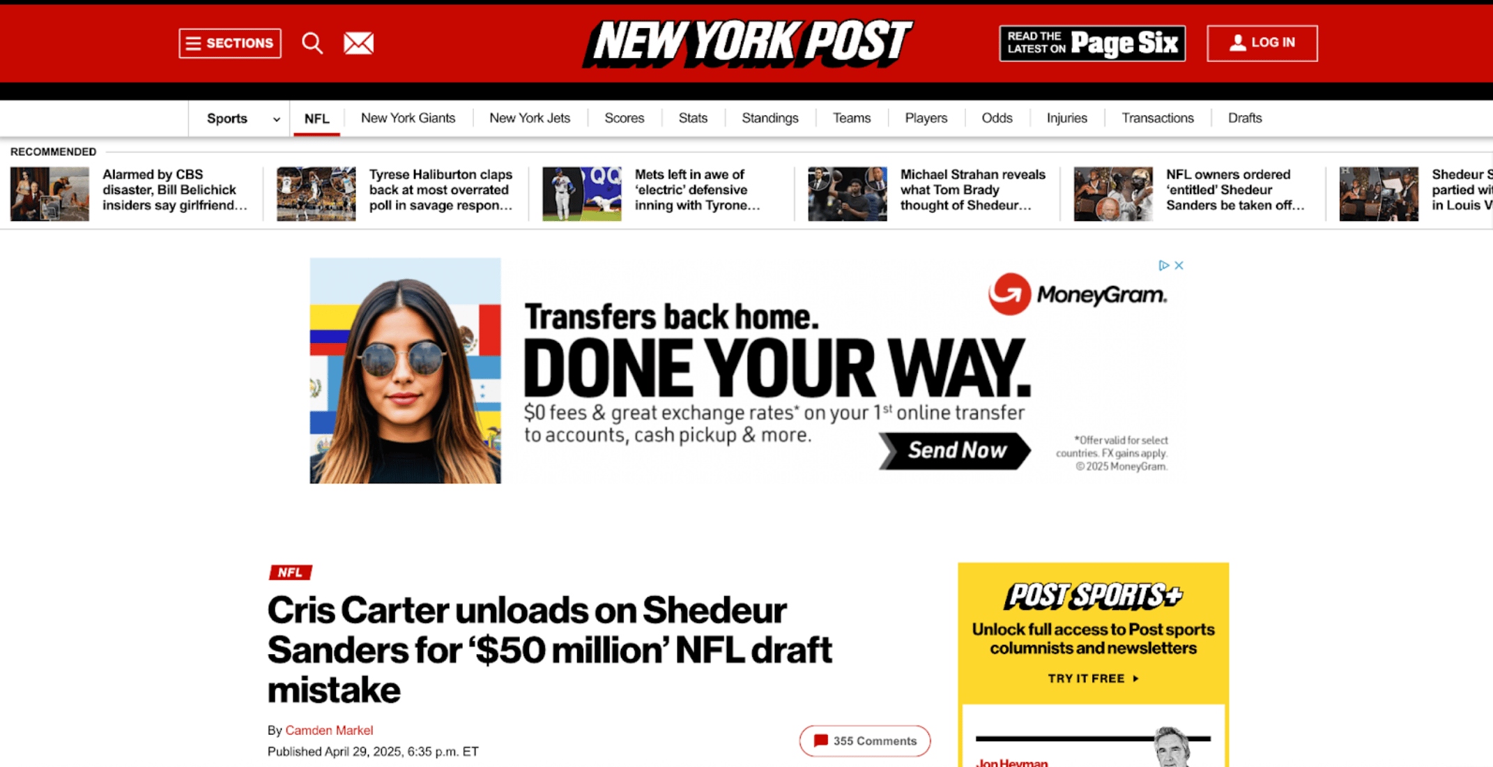 Wide view of the New York Post website with five horizontal news article thumbnails at the top, large banner ad from MoneyGram across the top, and yellow sidebar ads promoting Post Sports+ subscriptions. The main article headline discusses Shedeur Sanders and a $50 million NFL draft mistake.