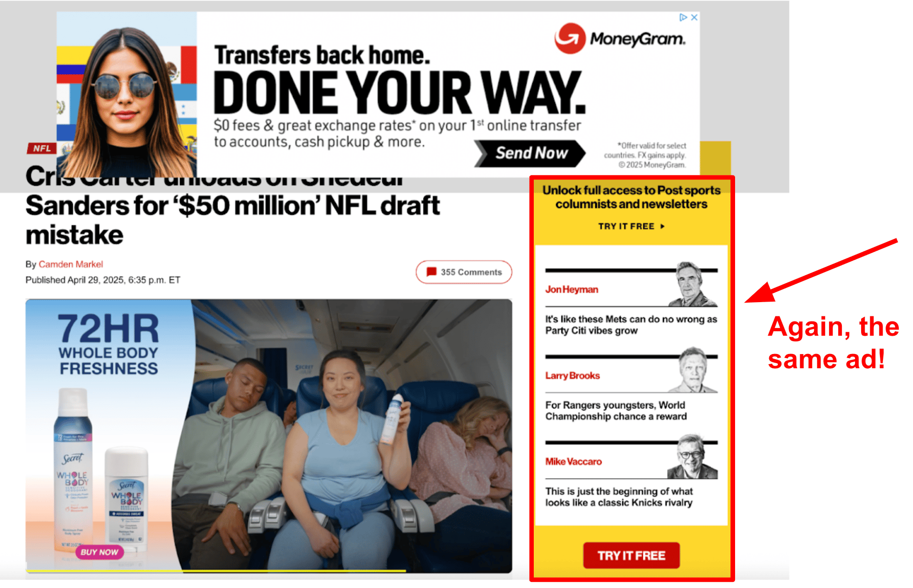New York Post article with duplicate sidebar ad shown again — yellow box promoting Post Sports+ subscription — alongside the same 72-hour freshness body spray ad below the article headline. Red annotation reads, “Again, the same ad!”