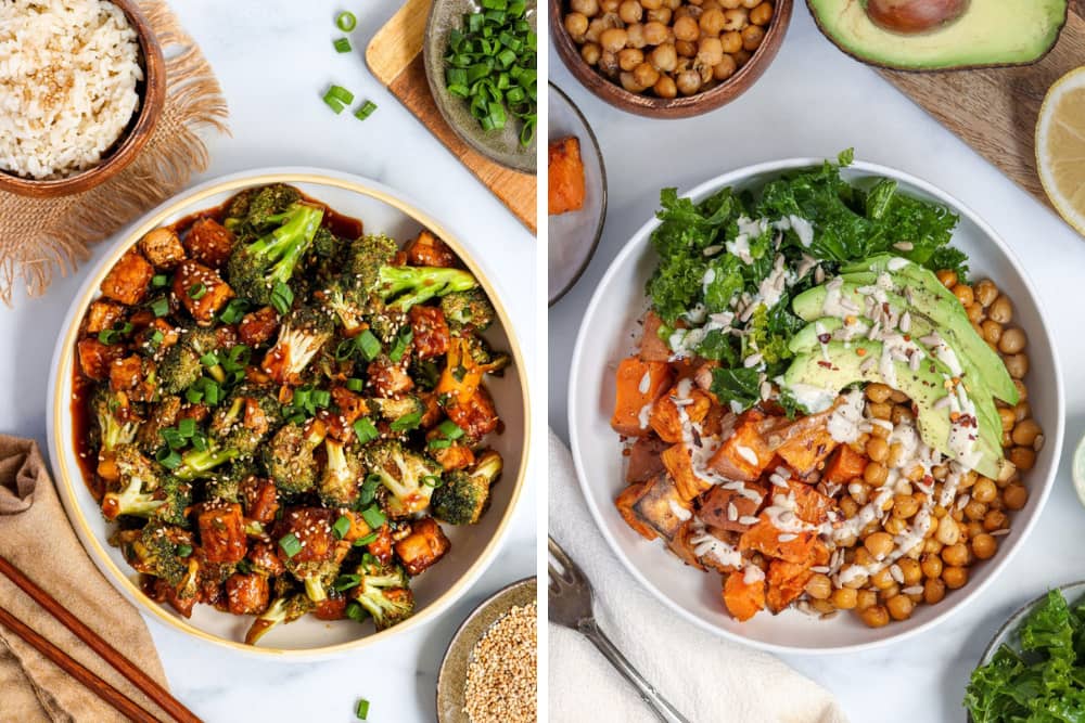 Crispy Tofu & Broccoli Stir Fry and Chickpea Salad with Kale