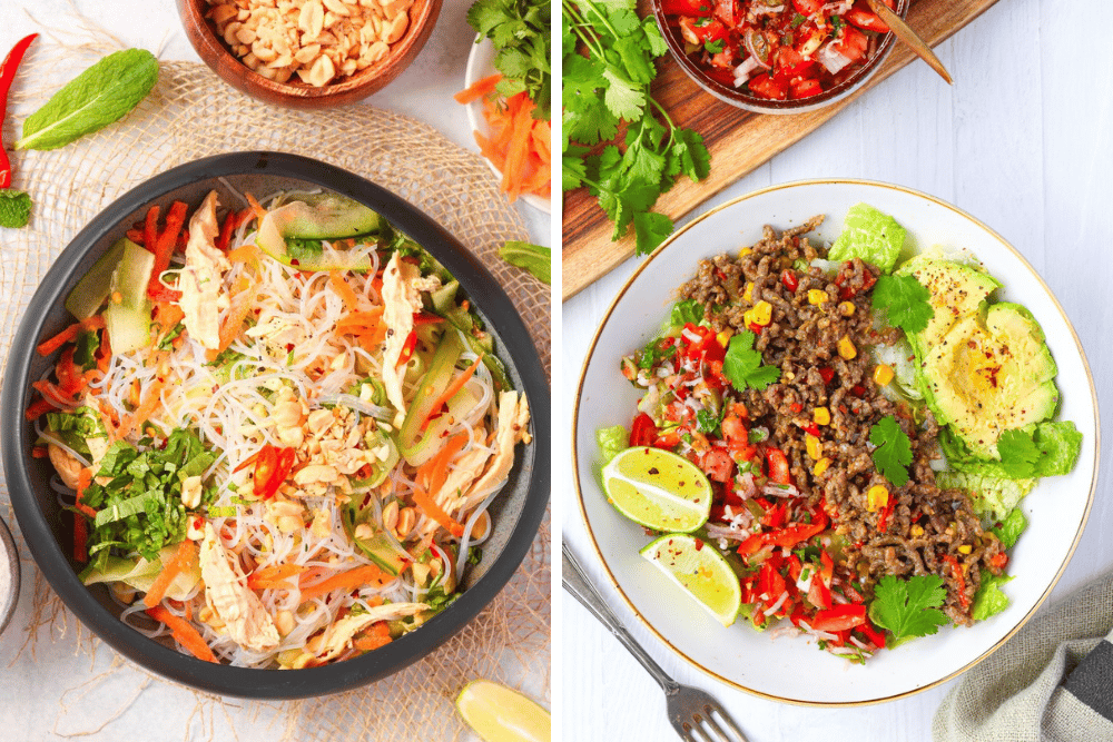 Vietnamese Chicken Noodle Salad and Ground Beef Taco Salad Bowl