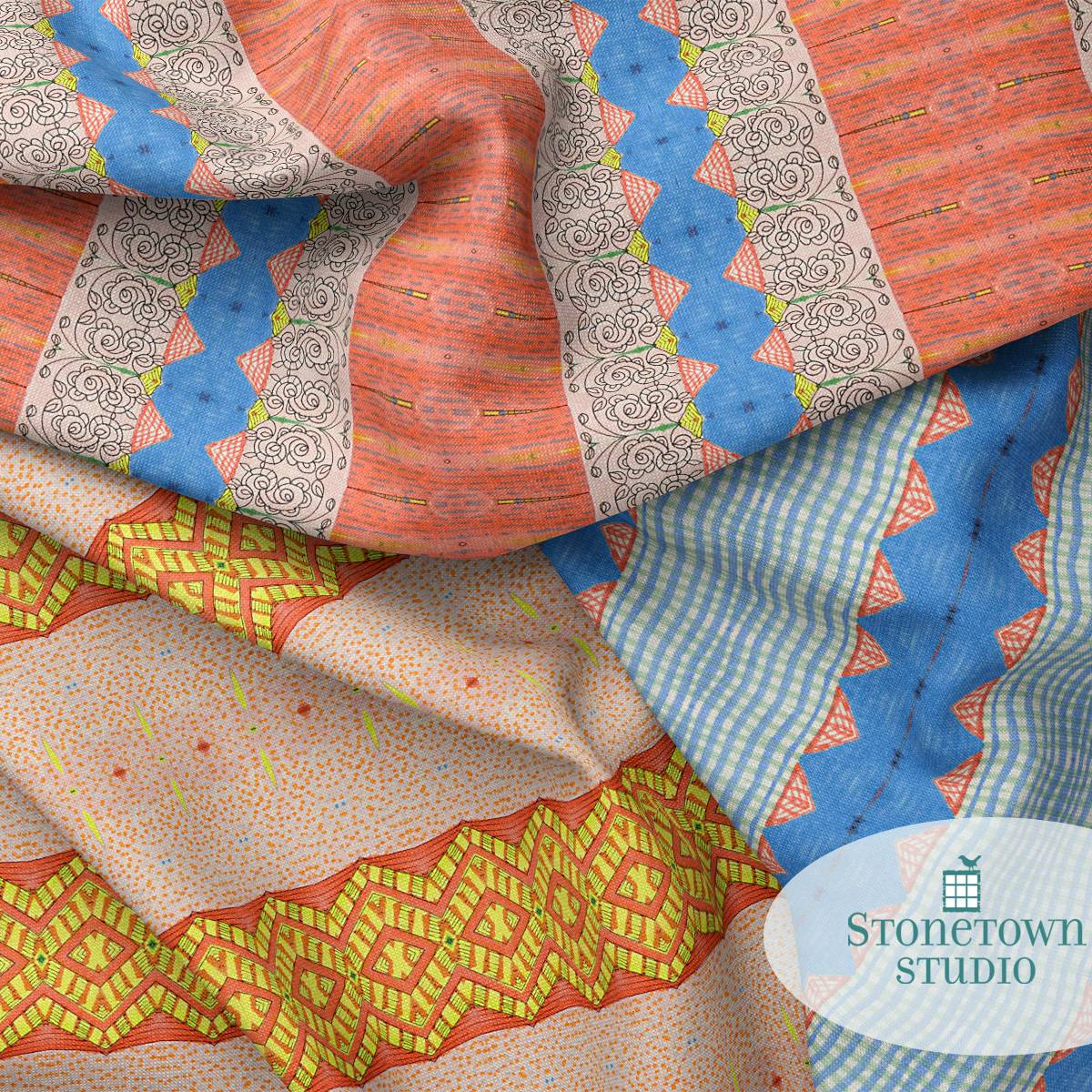 Three handmade patterns on fabric, in blue, red and yellow are arranged in an informal arrangement. 
