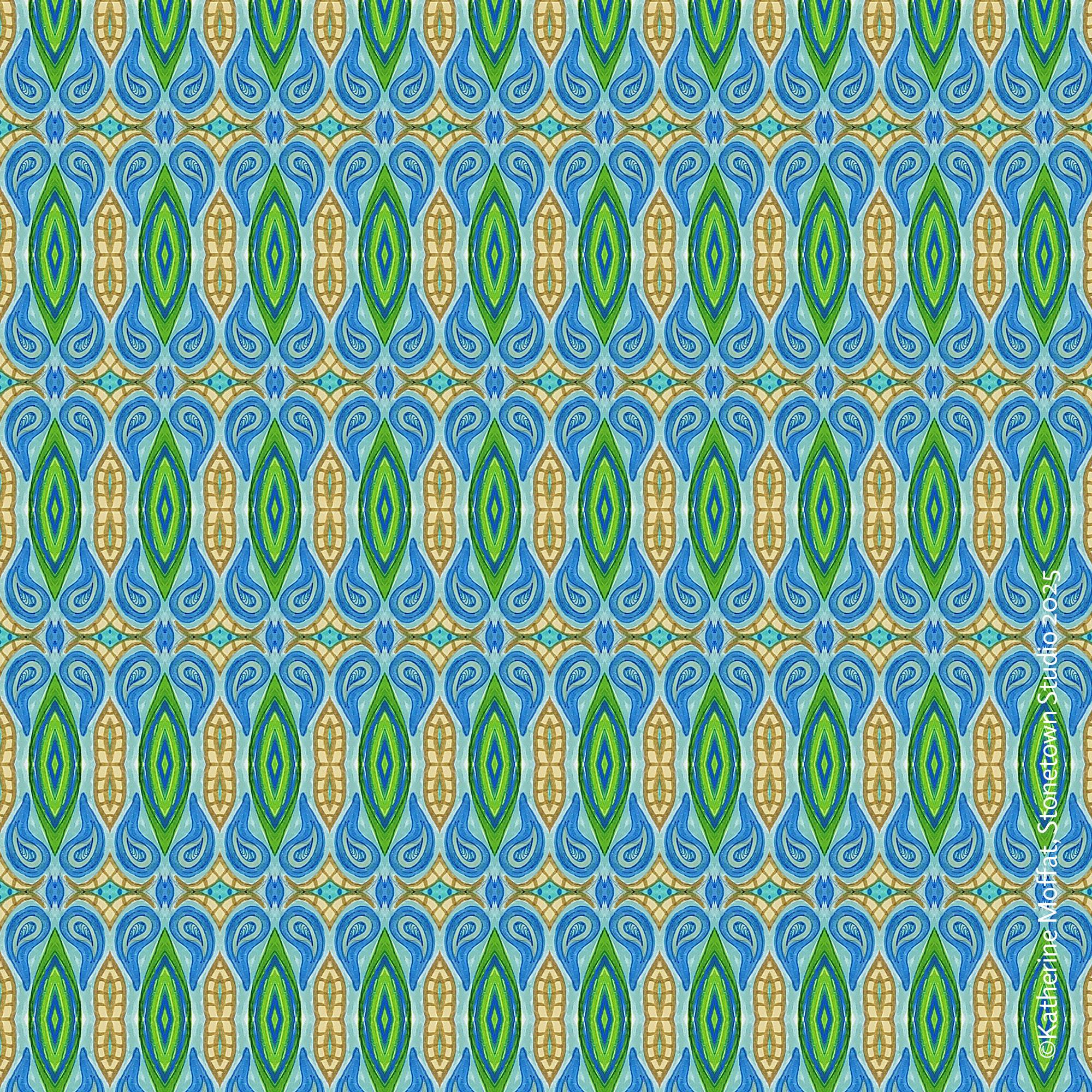 An ornate striped design based on the paisley form in blue and green.