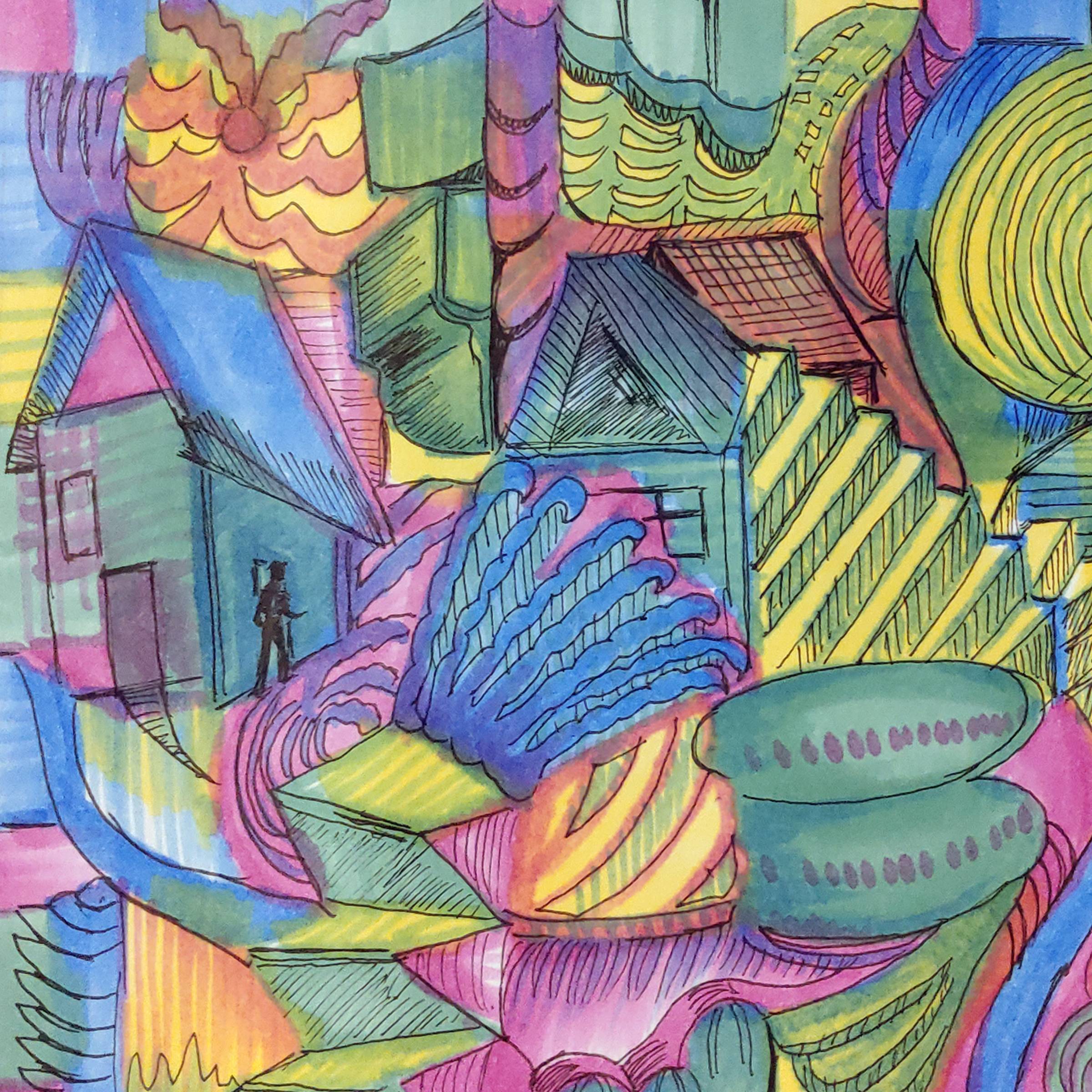 Hand drawn colourful abstract images with rooves and stairs.