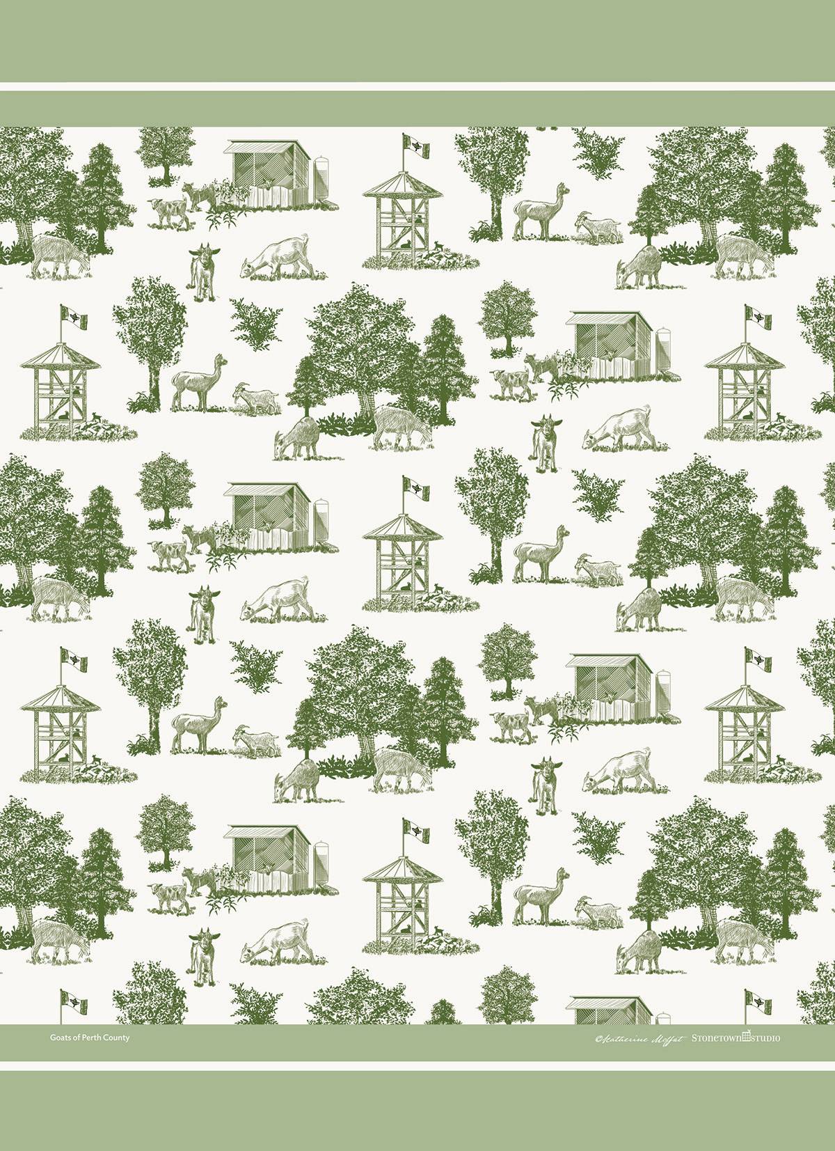 A pattern created by Katherine Moffat of Stonetown Studio featuring goats at a farm.