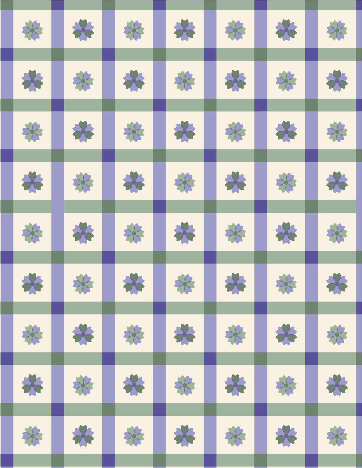 Simple check and floral pattern in purple and green.