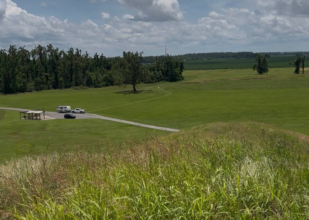 An aerial view of the Poverty Point area from on top of Mound A.