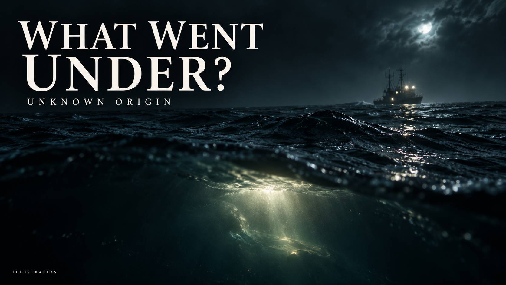 Illustration of a light beneath a dark sea, a distant vessel, and the words What Went Under?