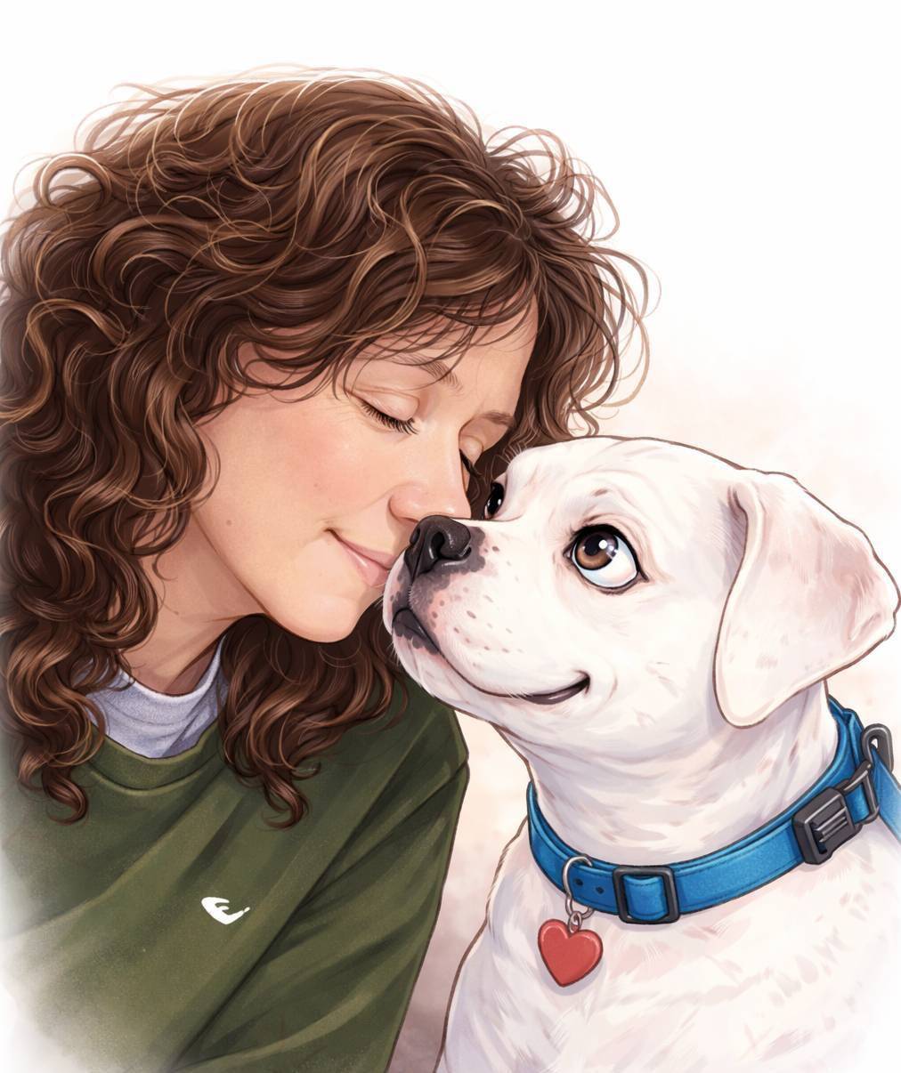 Woman kissing a husky dog in a field.